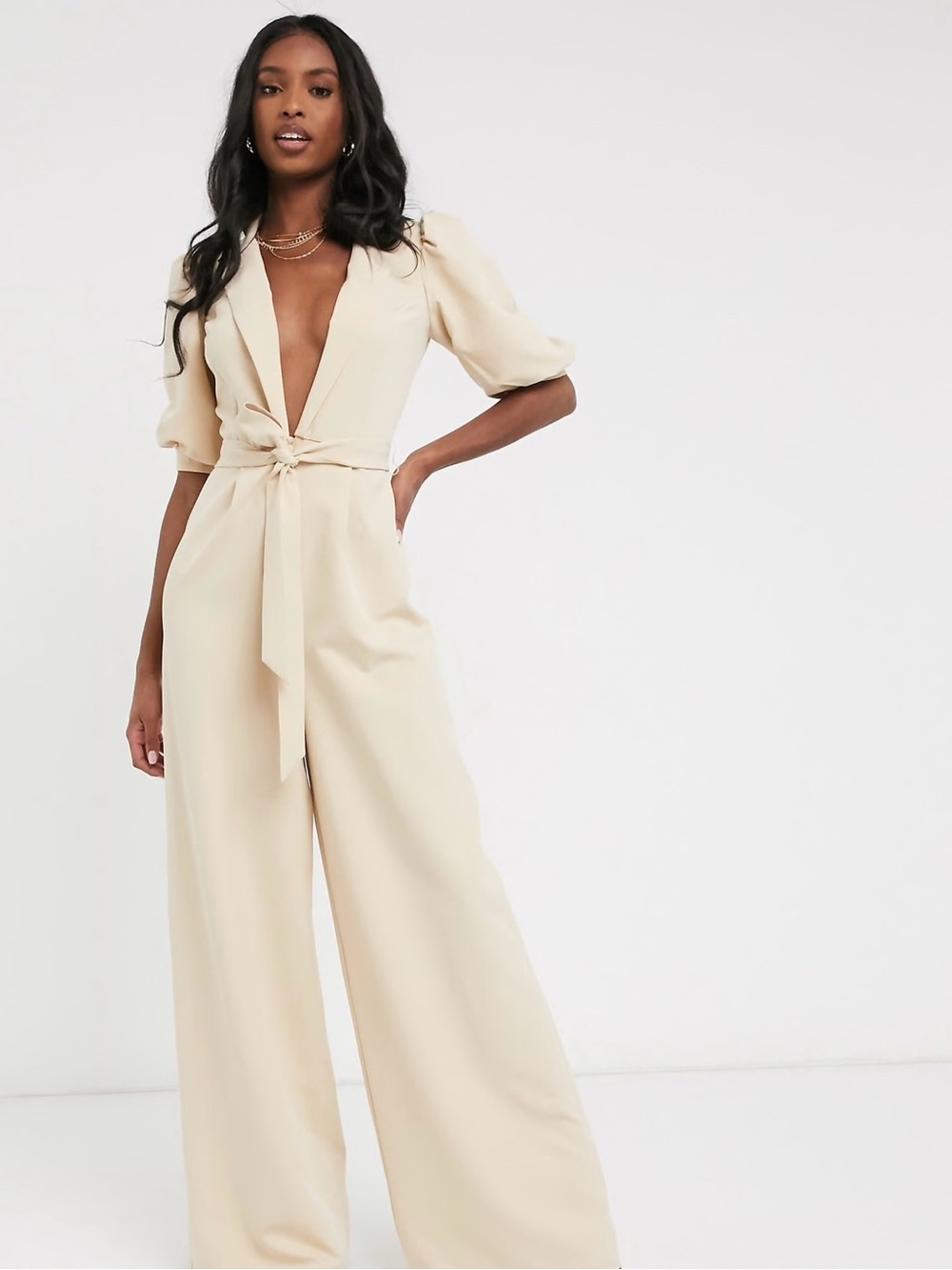 ASOS DESIGN Tall Puff Sleeve Wide Leg Jumpsuit Cream Size 0 VGUC